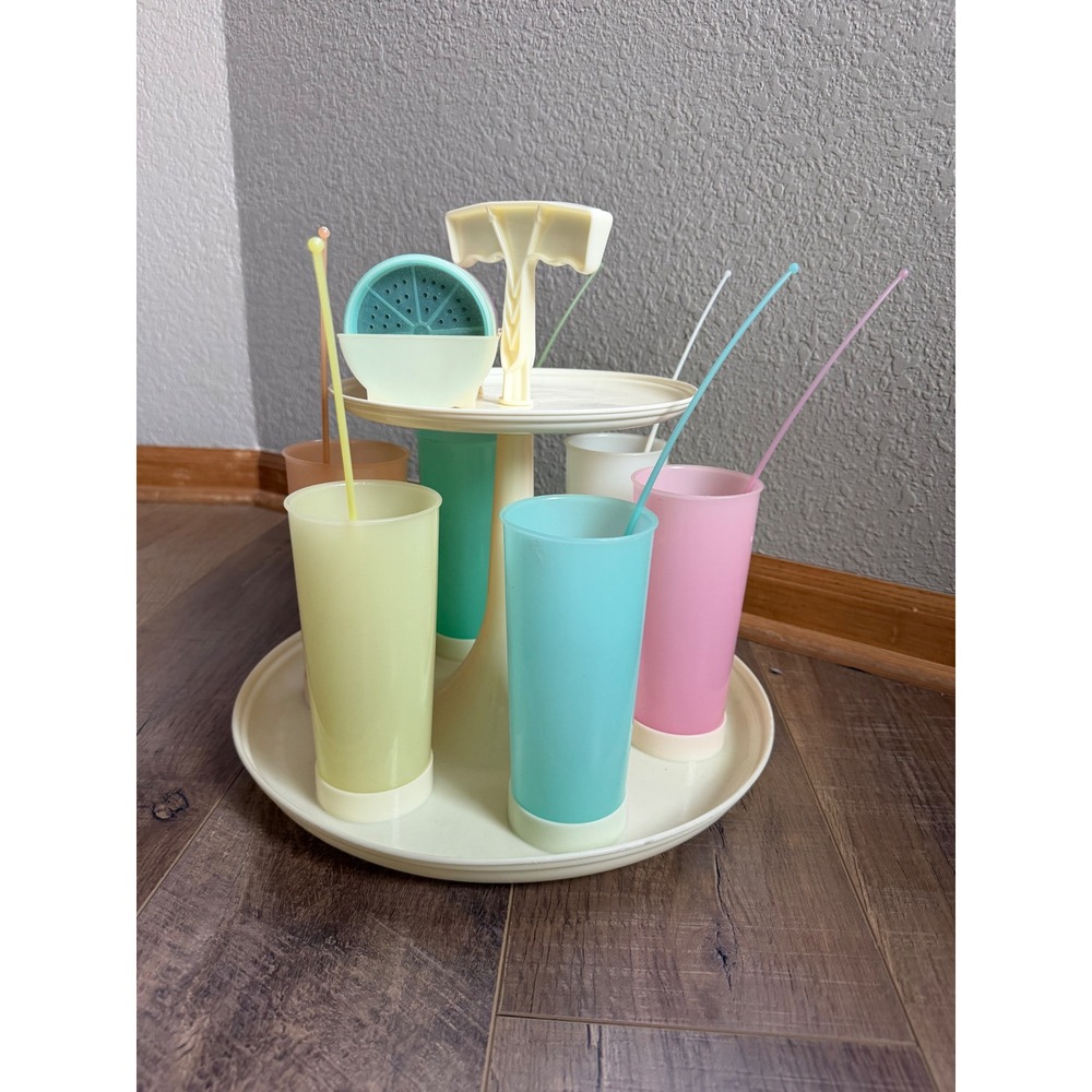 Vintage Tupperware Drink Caddy Set Pastel Cups Coasters Stirrers Carousel 1522